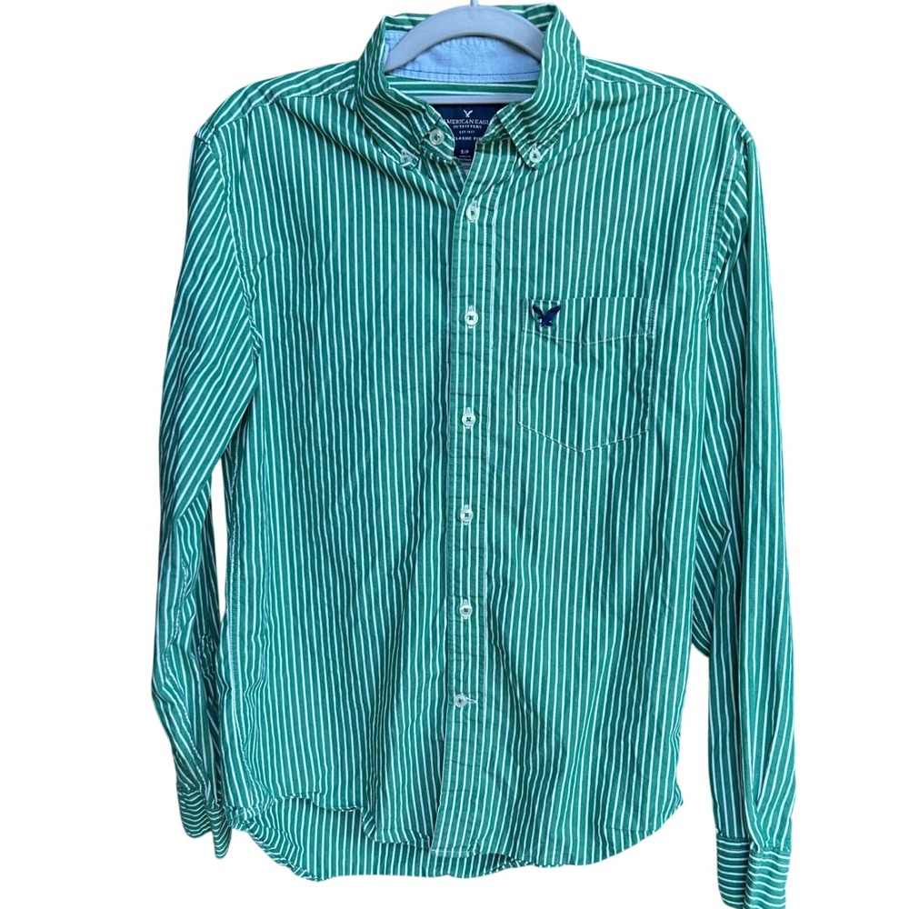 American Eagle Button Down Shirt Classic Fit Striped Green White Mens Small S